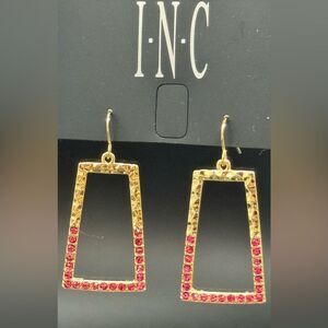 INC Hammered Gold Tone Open Rectangle W/ Red Crystal Fish Hook Earring 1.75 Inch